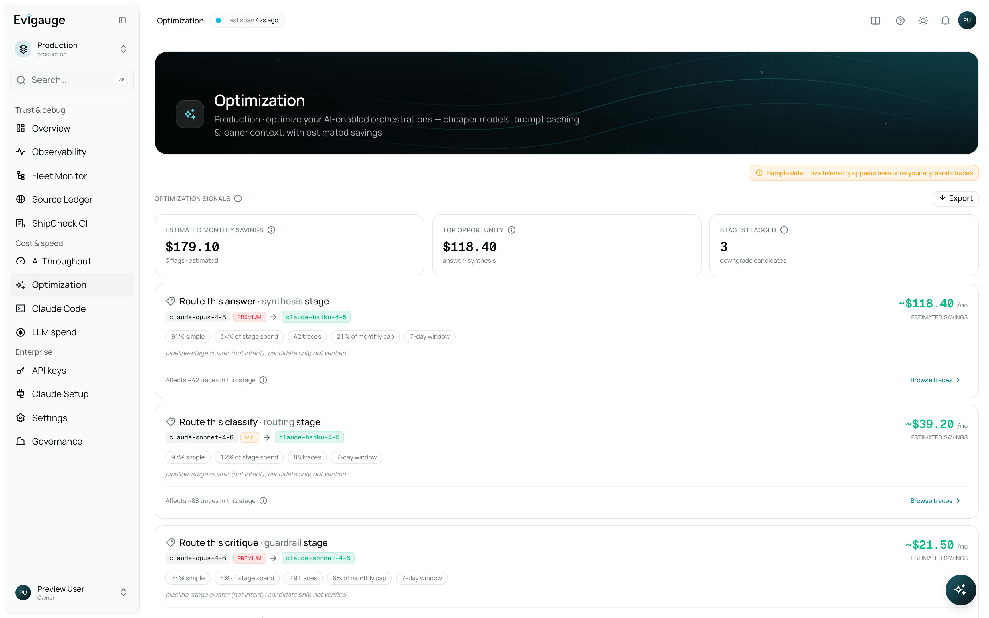 Evigauge Optimization view: an estimated $179.10 in monthly savings across three flagged pipeline stages, led by routing a synthesis stage from a premium model to a cheaper one for an estimated $118.40 a month, each candidate showing the share of stage spend and the traces it affects.